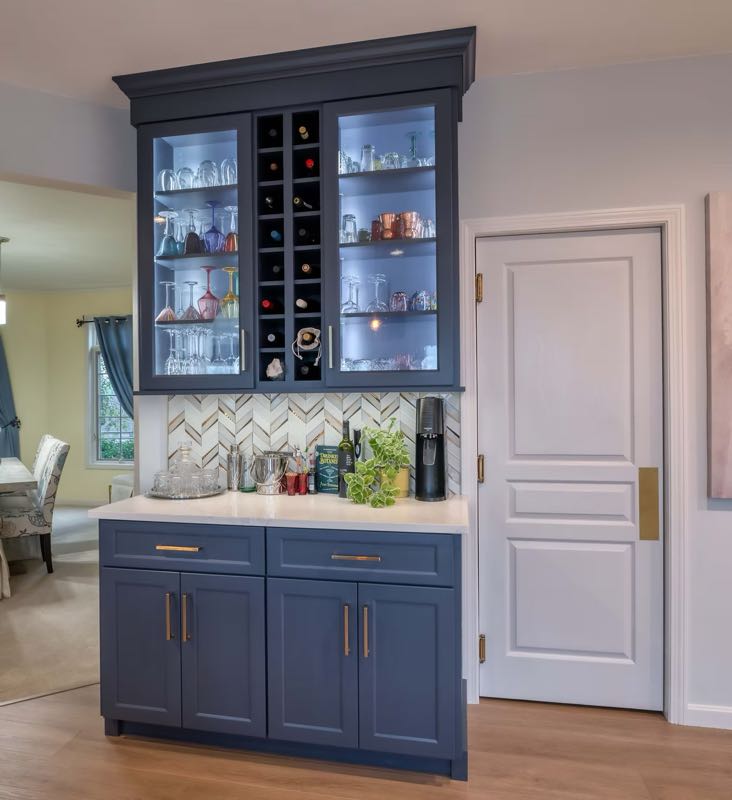Blue, White, and Natural Kitchen Cabinets
