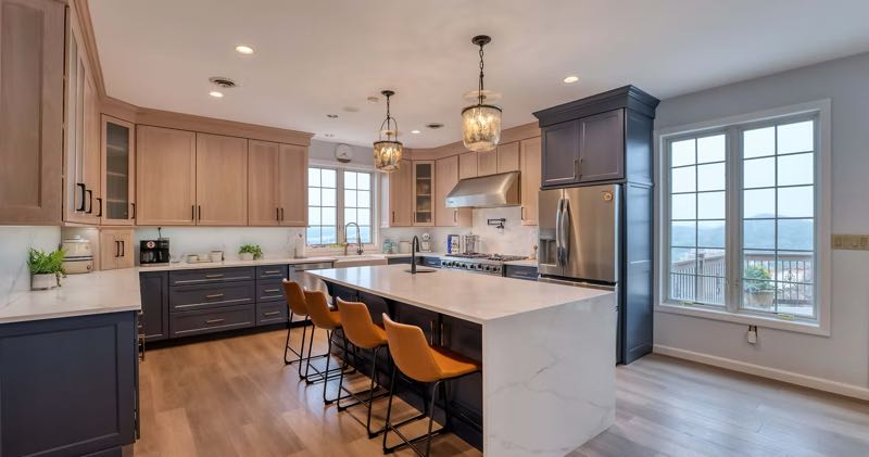 Blue, White, and Natural Kitchen Cabinets