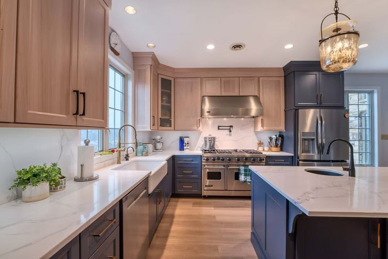 Blue, White, and Natural Kitchen Cabinets