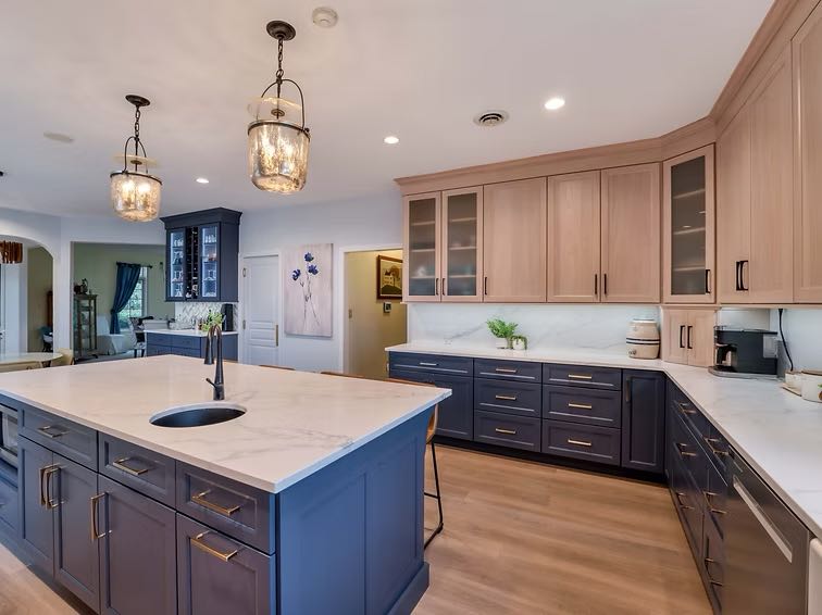 Blue, White, and Natural Kitchen Cabinets
